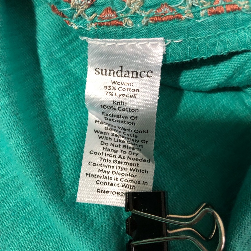 Sundance cotton Henley tshirt blue embroidery pointelle shoulder turquoise sz S - Picture 4 of 13